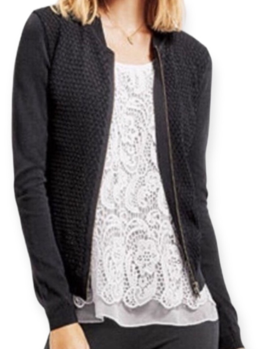 Women's Cabi Black Zip Up Lace Front Cardigan Sweater Bomber Lightweight Size L